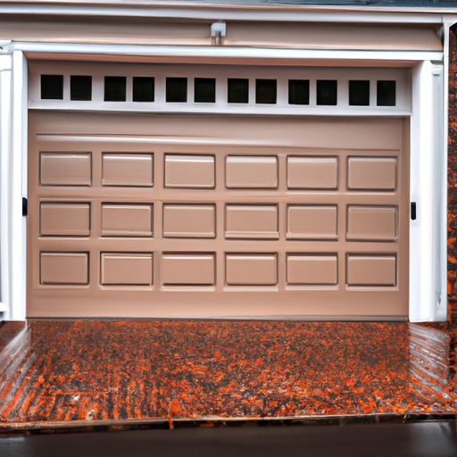 New residential garage door on a brick Red Bank, NJ townhouse with driveway and sidewalk, late-afternoon light.