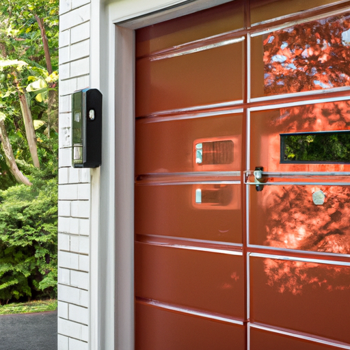 Suburban Red Bank home with a closed sectional garage door and a visible smart keypad on the wall.