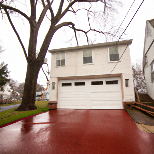Wide-angle view of a Red Bank suburban home with a closed sectional garage door, wet driveway, and tree-lined street at morning.