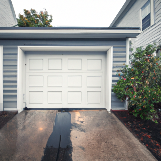 Sectional garage door with visible bottom seal and wet driveway outside a Red Bank, NJ home after rain