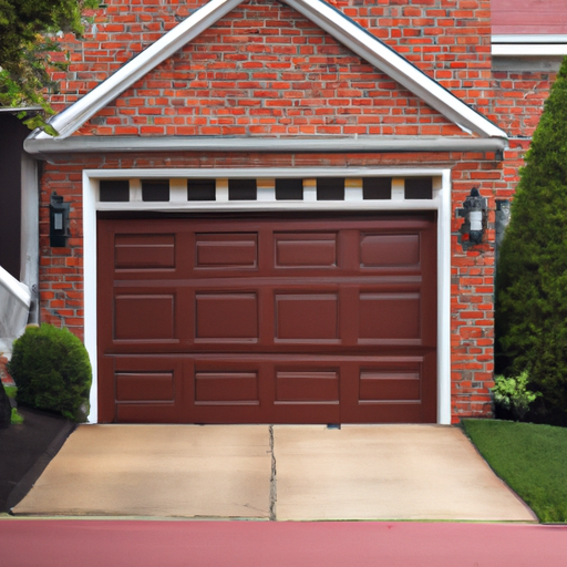 Residential garage door on a brick Red Bank, NJ home with driveway and shrubs, closed and centered in frame.
