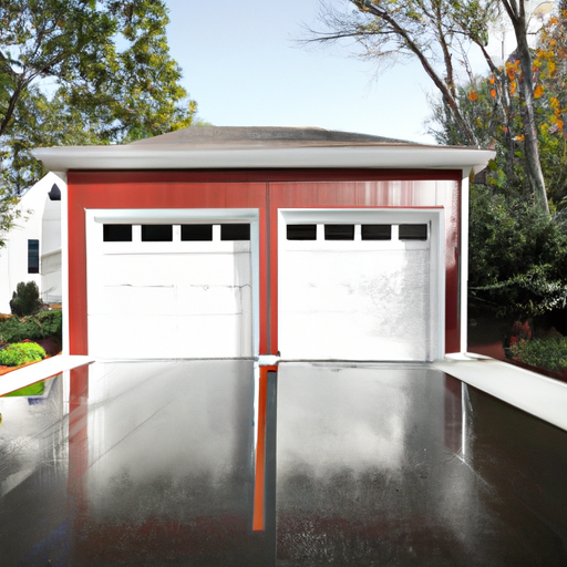 Suburban garage in Red Bank, NJ with modern sectional door showing bottom seal and wet pavement after rain.
