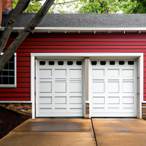 Exterior view of a suburban two-car garage door in Red Bank, NJ, slightly ajar showing rollers and weatherstrip.
