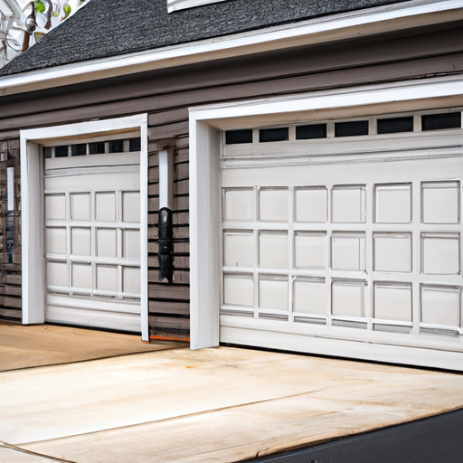 Exterior view of a suburban two-car garage door in Red Bank, New Jersey, showing door panels and tracks.