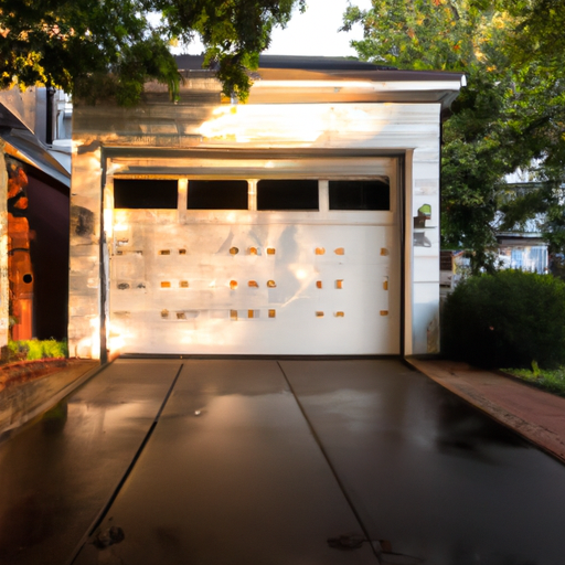 Residential garage door on a Red Bank, NJ home at late afternoon with closed panels and wet pavement reflecting light.