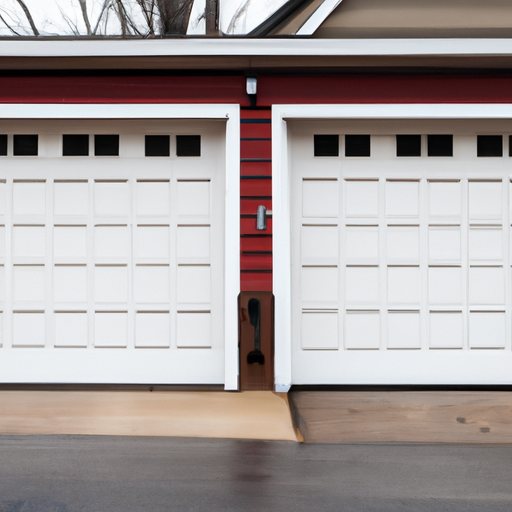 Suburban Red Bank home exterior showing a closed two-car garage door with visible tracks and weatherstripping on a damp overcast day.