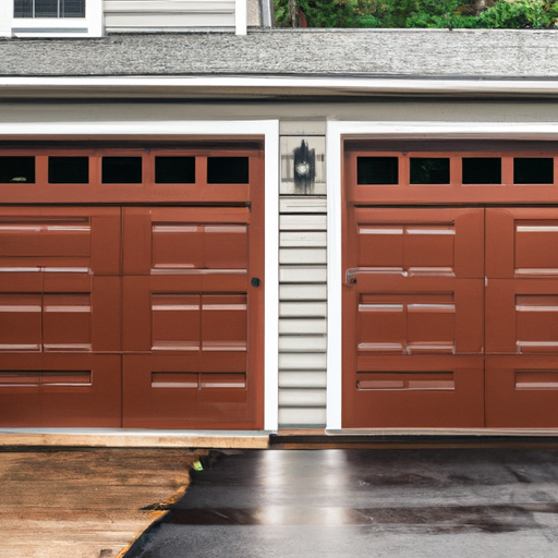 Residential garage door on a Red Bank driveway after rain, showing full door and hardware in realistic daylight.