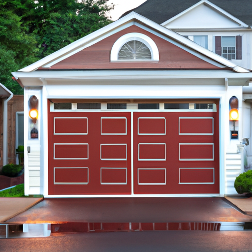 Modern sectional garage door on a Red Bank, NJ home exterior, late afternoon light, wet driveway, no people.