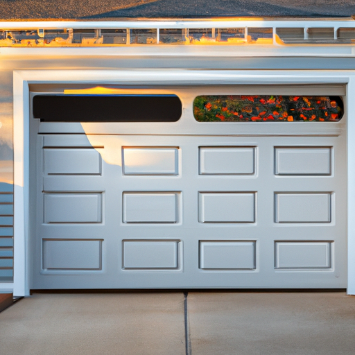 Insulated steel garage door on a Red Bank, NJ home at late afternoon light, showing door panels and threshold detail.