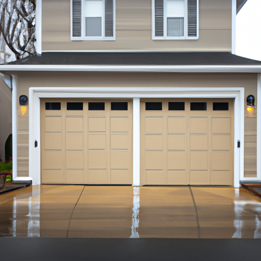 Modern insulated garage door on a Red Bank, NJ suburban home at late afternoon with clean driveway and wet sheen.