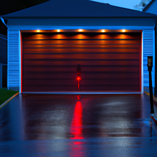 Red Bank suburban house at dusk showing a closed modern garage door with an integrated smart keypad.