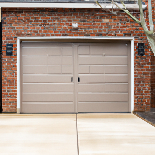 Modern steel garage door on a suburban Red Bank, NJ home with driveway and overcast sky.