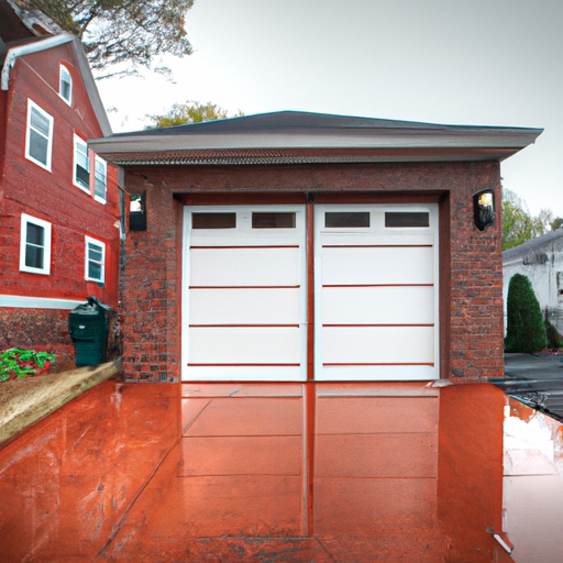 Red Bank home exterior with a modern garage door and a smart keypad, wide-angle view in overcast light.
