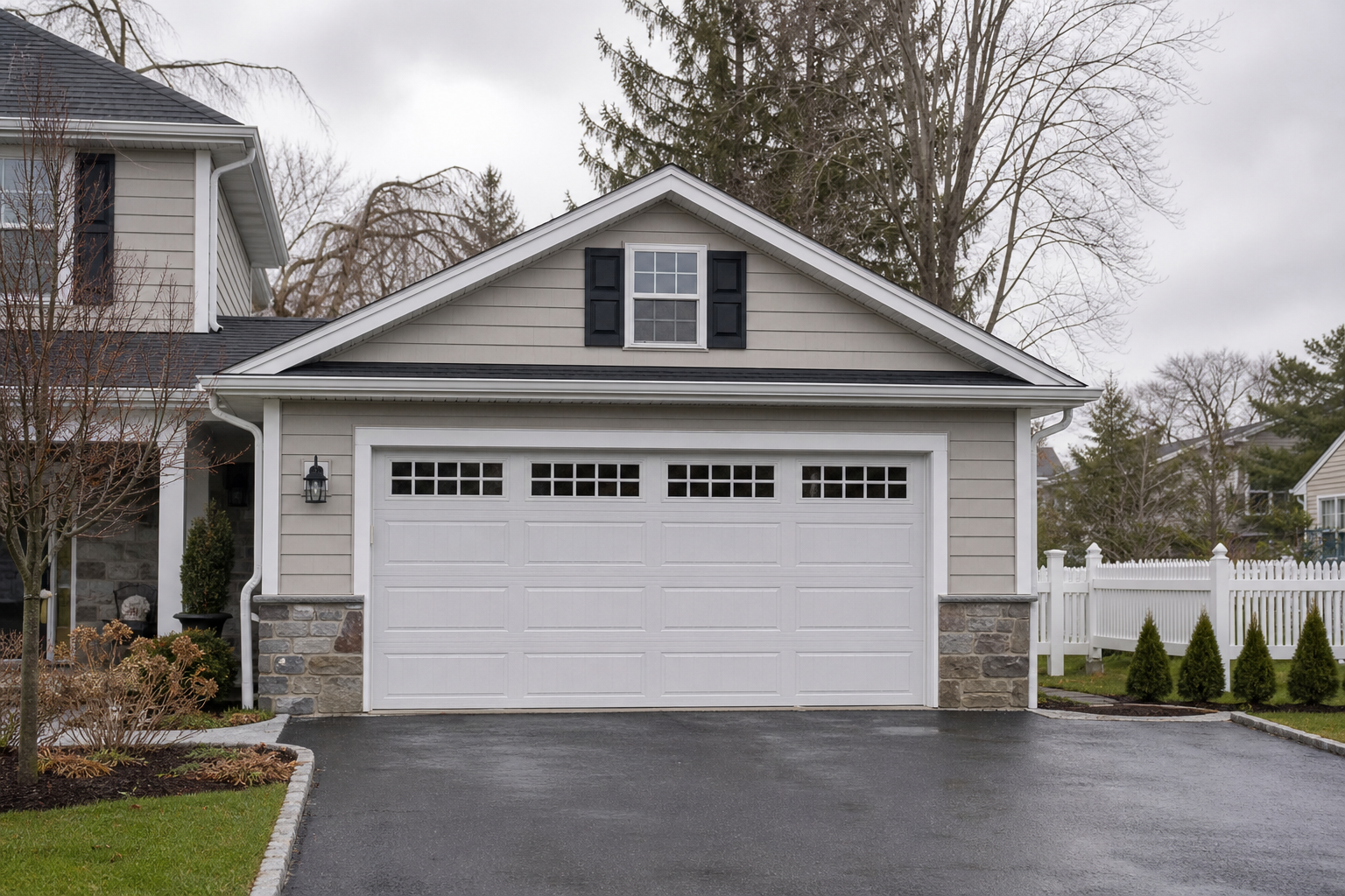 Suburban garage door exterior in Red Bank, NJ on an overcast day